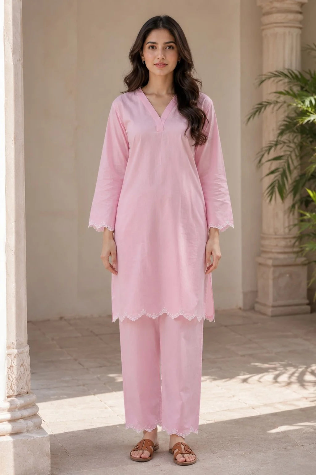 Pink Linen Embroidered Co-ord Set
